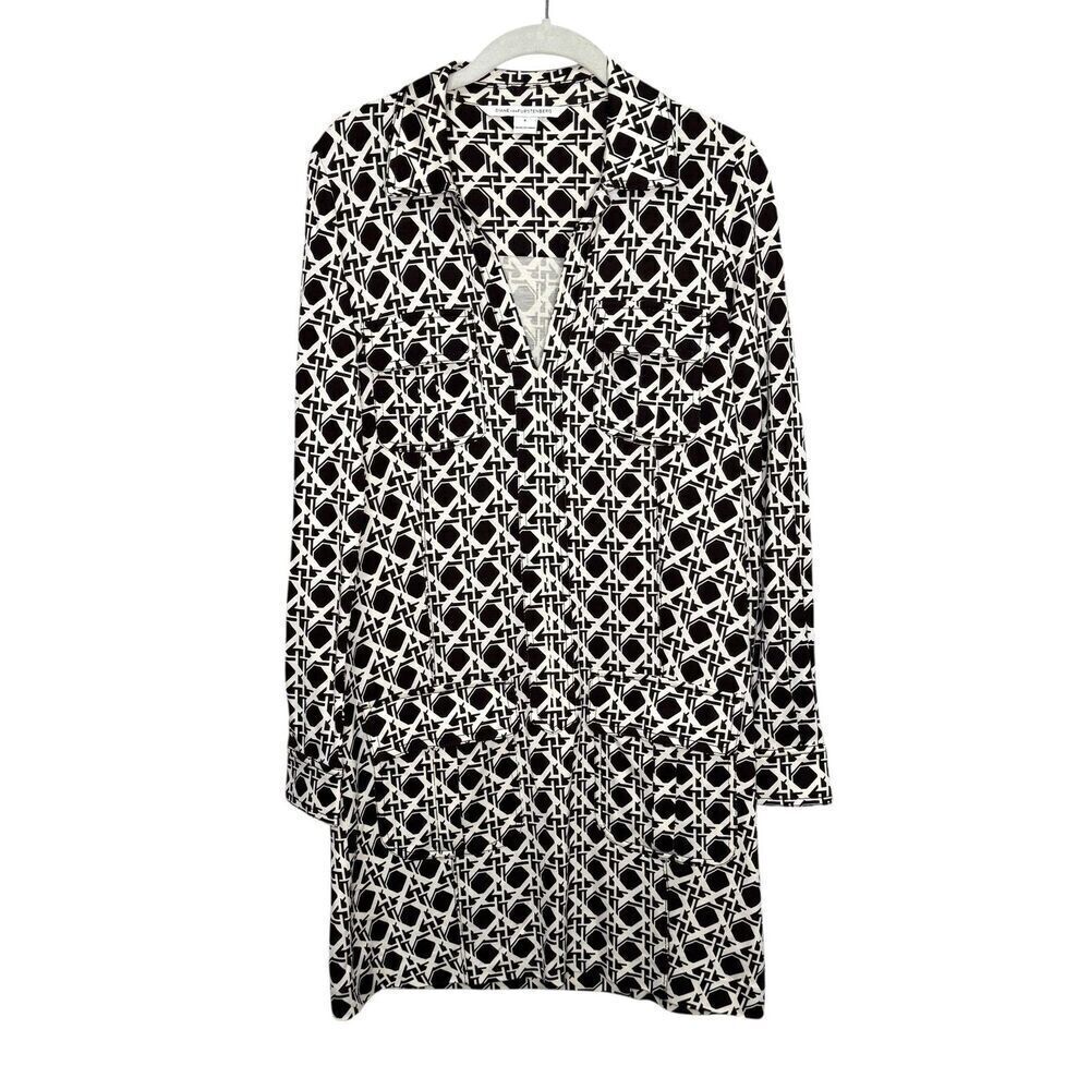 Diane Von Furstenberg Dress Womens 4 Brown White Dilly Silk Shirt Mini